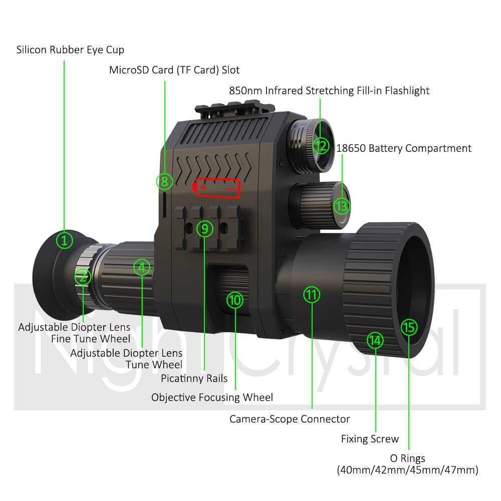 NightCrystal 4B NK007 Plus Black Hunting Night Vision Camcorder with Adjustable Diopter Lens Part Illustration 1