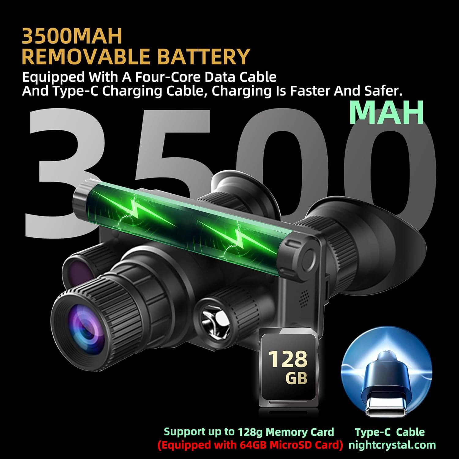 NightCrystal Z9157 Night Vision Goggles with 3500mAh Removable Battery Equipped with USB-C Charging Cable